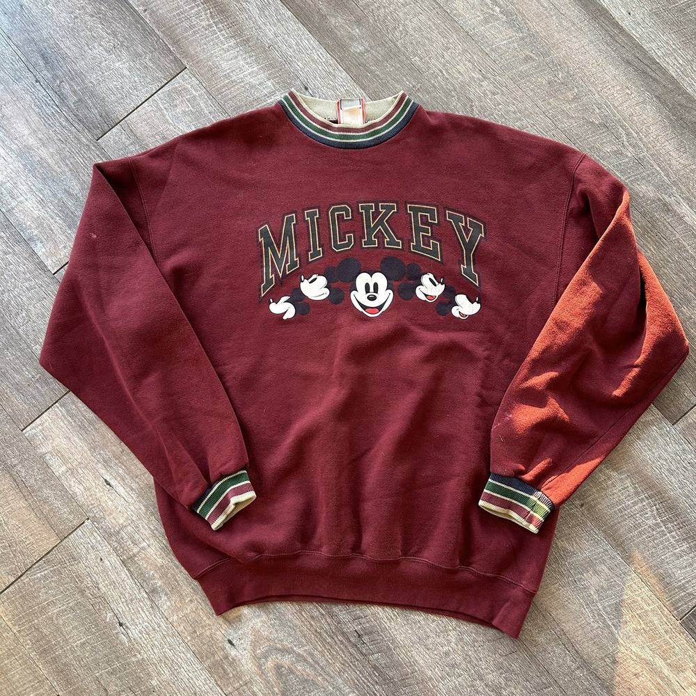 Disney Designs Vintage 90s Mickey Men L Crew Neck Varsity Sweatshirt Burgundy